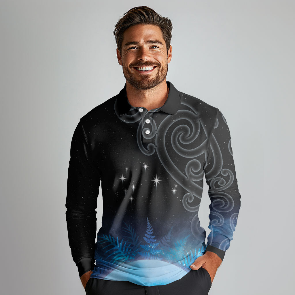 New Zealand Matariki Long Sleeve Polo Shirt Pleiades Star Cluster Blue Galaxy