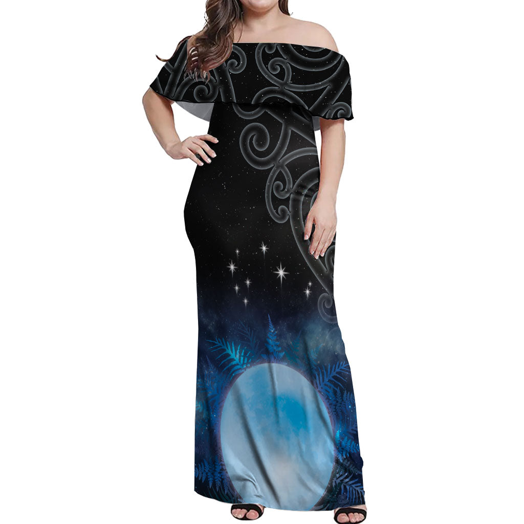 New Zealand Matariki Off Shoulder Maxi Dress Pleiades Star Cluster Blue Galaxy