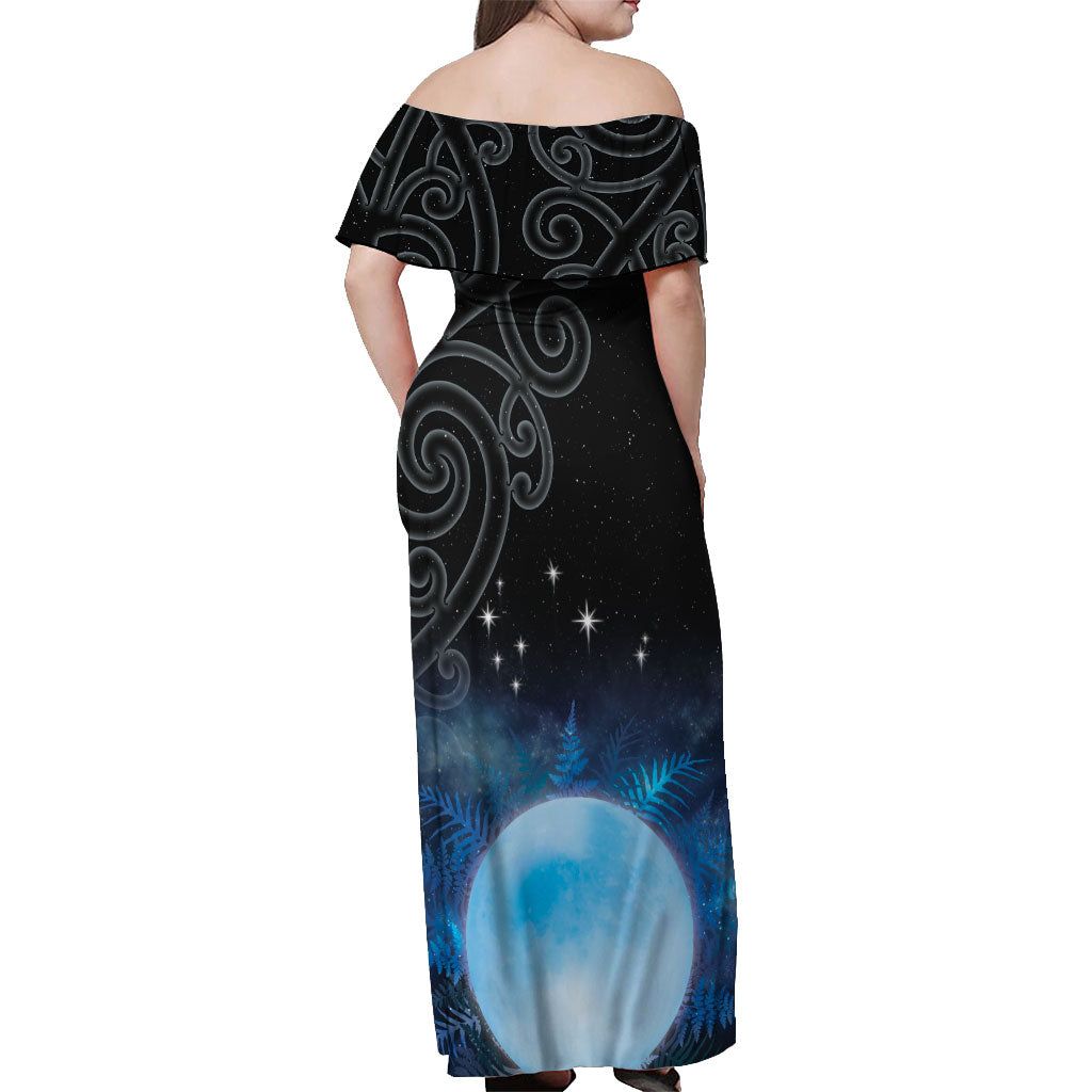 New Zealand Matariki Off Shoulder Maxi Dress Pleiades Star Cluster Blue Galaxy