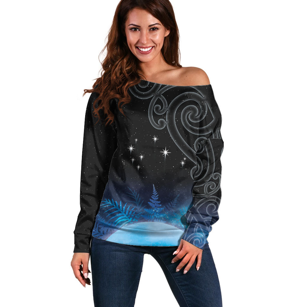 New Zealand Matariki Off Shoulder Sweater Pleiades Star Cluster Blue Galaxy
