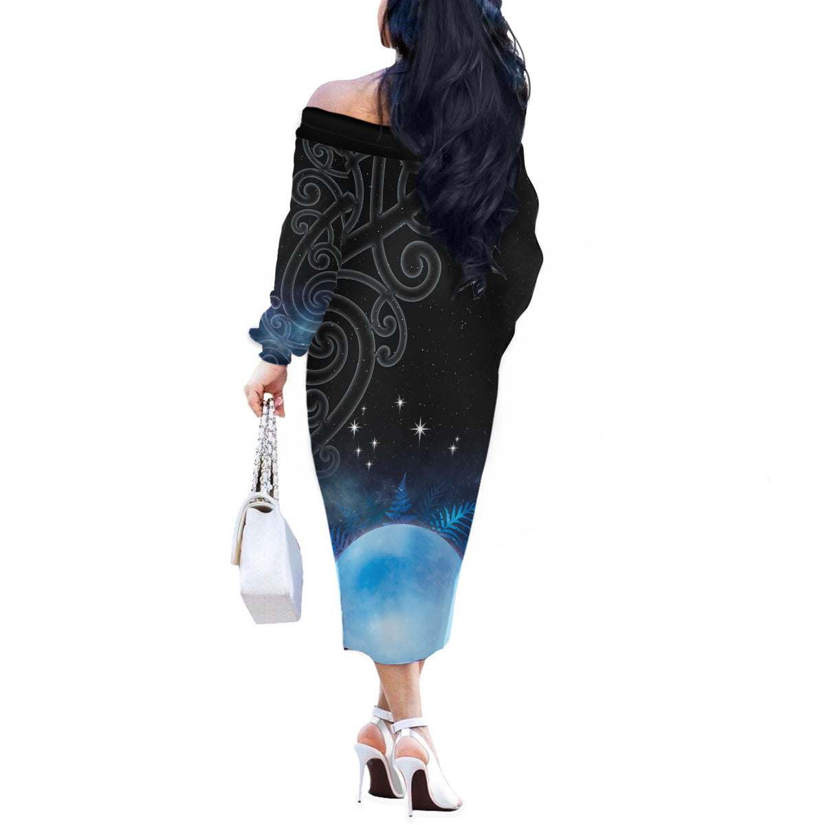 New Zealand Matariki Off The Shoulder Long Sleeve Dress Pleiades Star Cluster Blue Galaxy