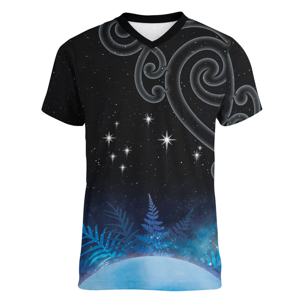 New Zealand Matariki Women V-Neck T-Shirt Pleiades Star Cluster Blue Galaxy