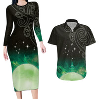 New Zealand Matariki Couples Matching Long Sleeve Bodycon Dress and Hawaiian Shirt Pleiades Star Cluster Green Galaxy LT05 Green - Polynesian Pride