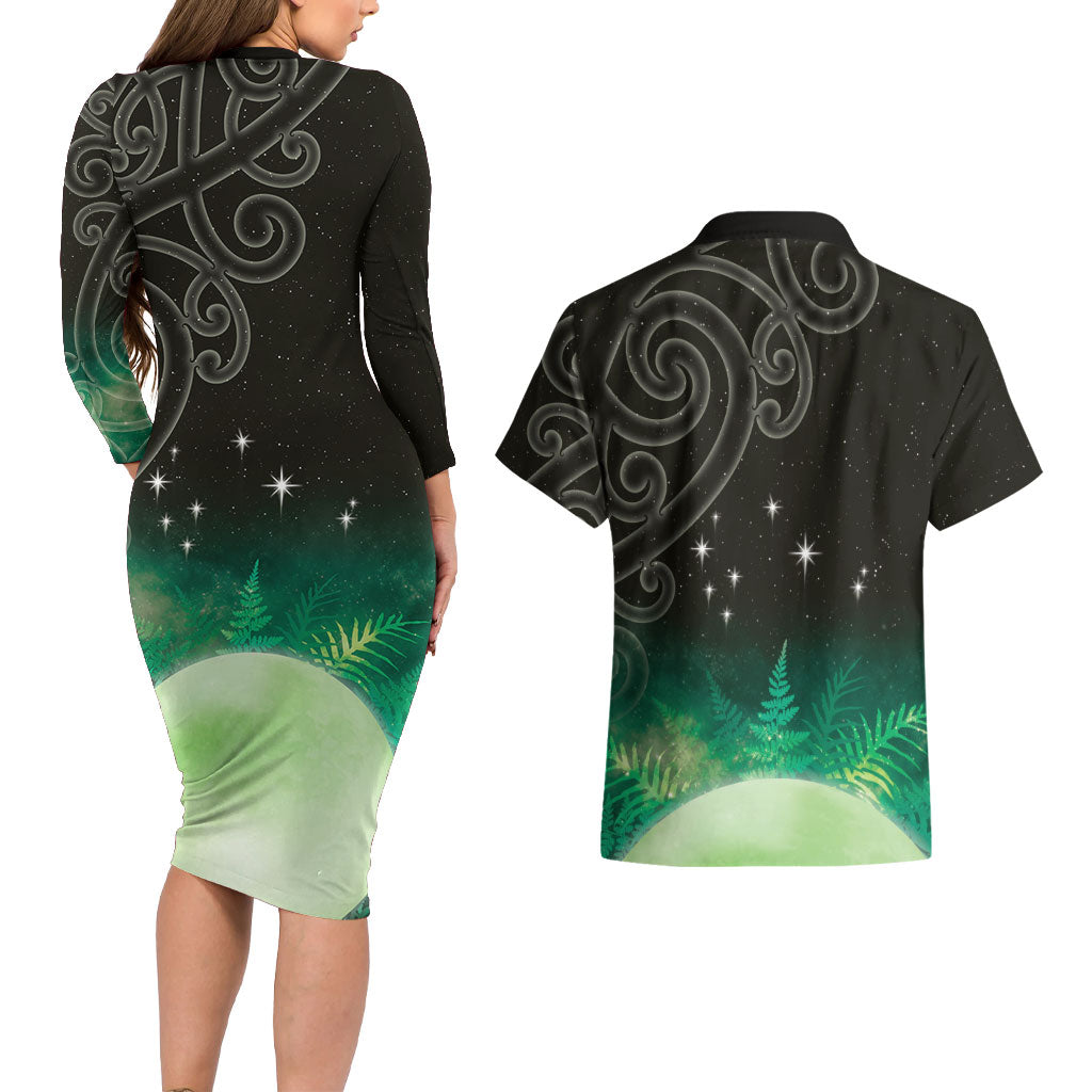 New Zealand Matariki Couples Matching Long Sleeve Bodycon Dress and Hawaiian Shirt Pleiades Star Cluster Green Galaxy LT05 - Polynesian Pride