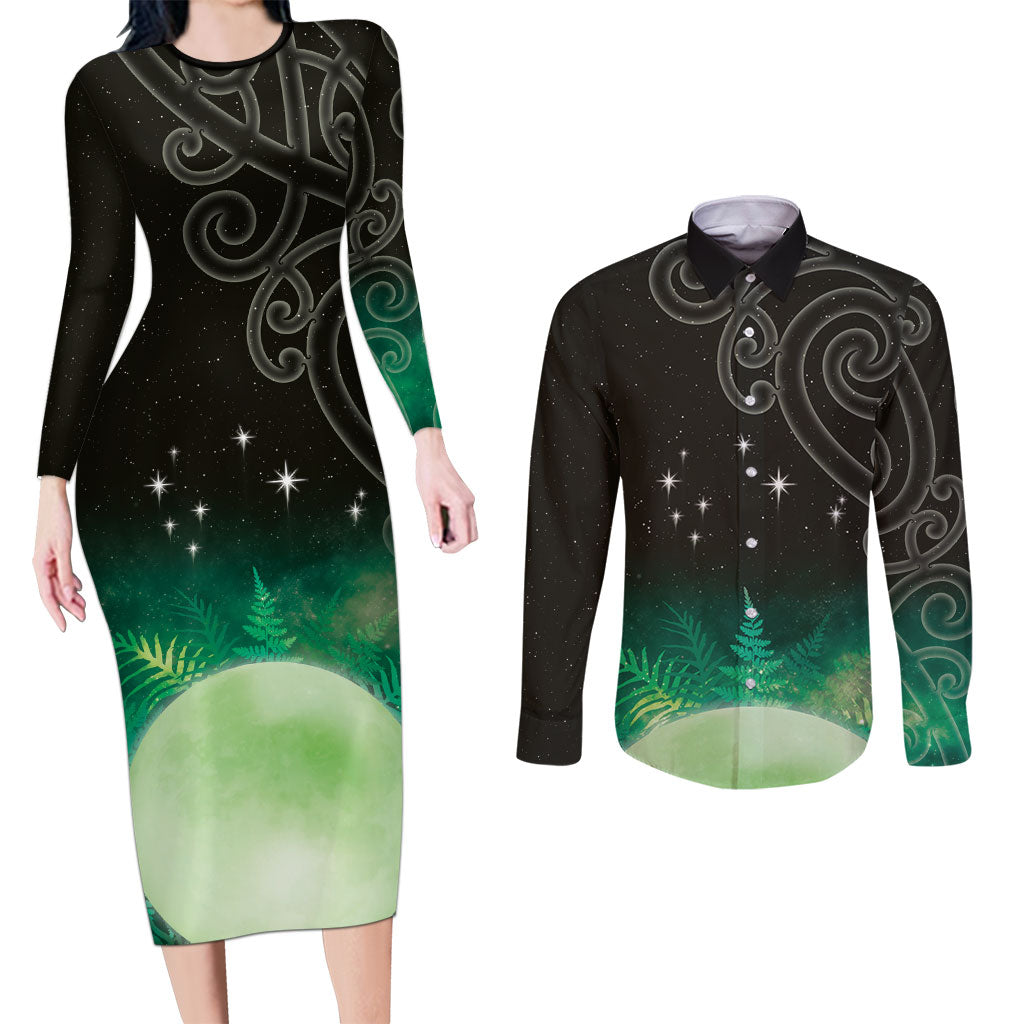 New Zealand Matariki Couples Matching Long Sleeve Bodycon Dress and Long Sleeve Button Shirt Pleiades Star Cluster Green Galaxy LT05 Green - Polynesian Pride