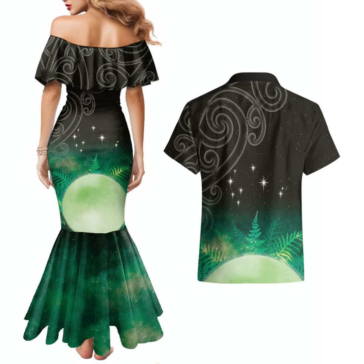 New Zealand Matariki Couples Matching Mermaid Dress and Hawaiian Shirt Pleiades Star Cluster Green Galaxy LT05 - Polynesian Pride