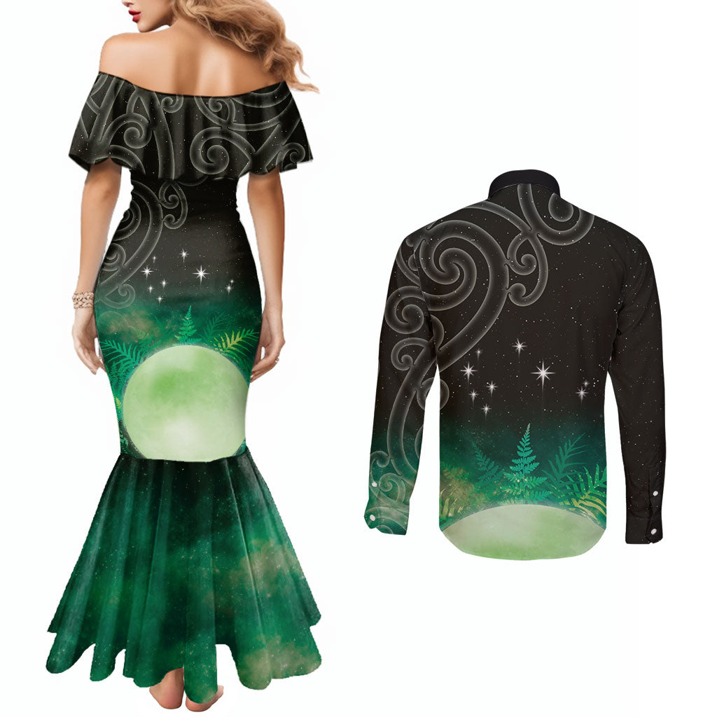 New Zealand Matariki Couples Matching Mermaid Dress and Long Sleeve Button Shirt Pleiades Star Cluster Green Galaxy LT05 - Polynesian Pride