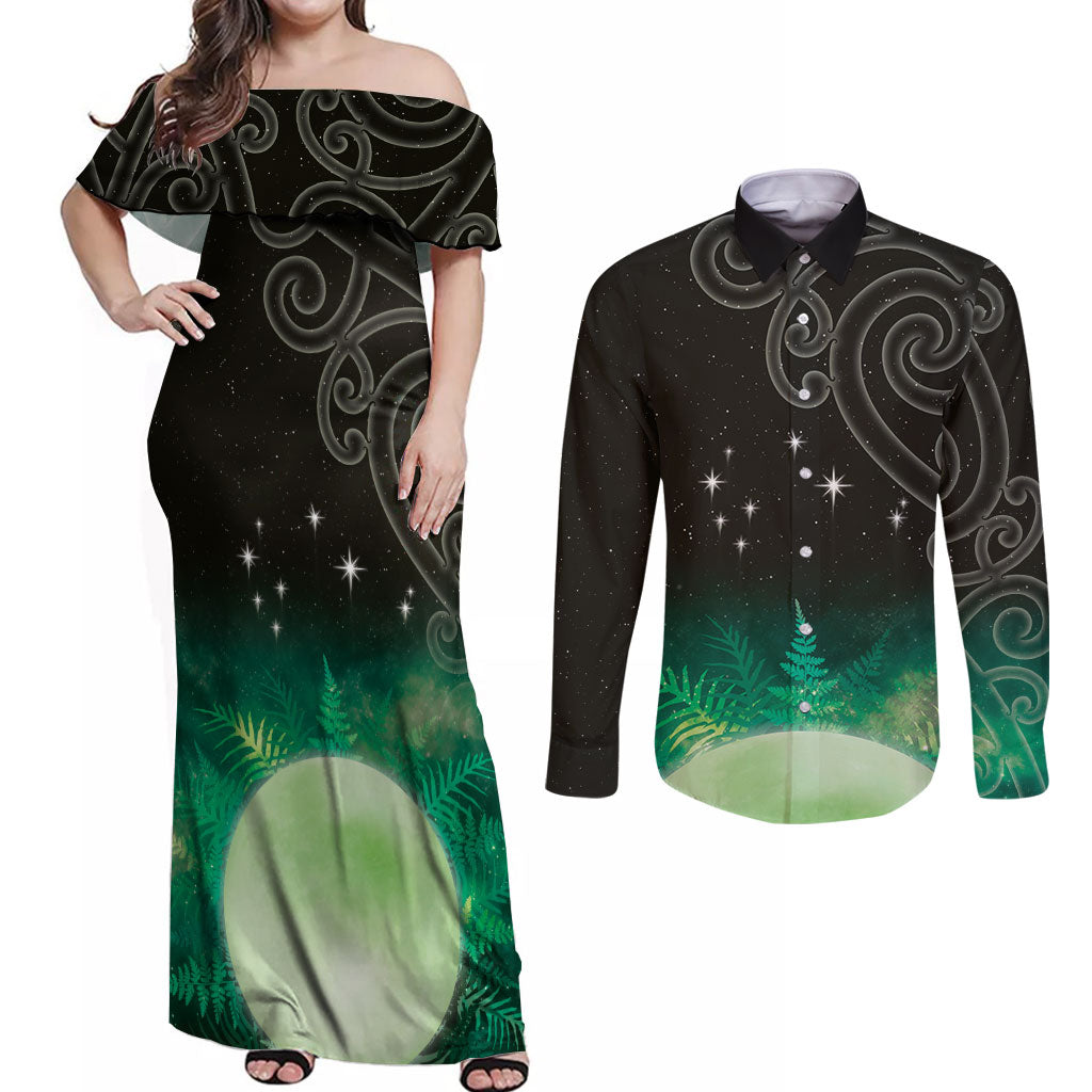 New Zealand Matariki Couples Matching Off Shoulder Maxi Dress and Long Sleeve Button Shirt Pleiades Star Cluster Green Galaxy