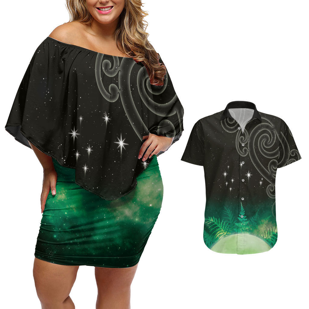 New Zealand Matariki Couples Matching Off Shoulder Short Dress and Hawaiian Shirt Pleiades Star Cluster Green Galaxy