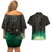 New Zealand Matariki Couples Matching Off Shoulder Short Dress and Hawaiian Shirt Pleiades Star Cluster Green Galaxy LT05 - Polynesian Pride