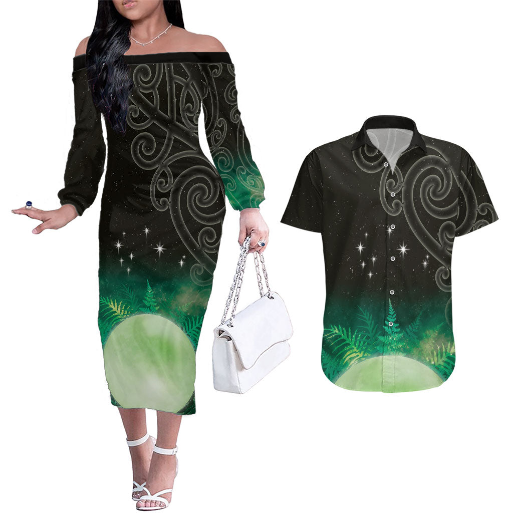 New Zealand Matariki Couples Matching Off The Shoulder Long Sleeve Dress and Hawaiian Shirt Pleiades Star Cluster Green Galaxy LT05 Green - Polynesian Pride