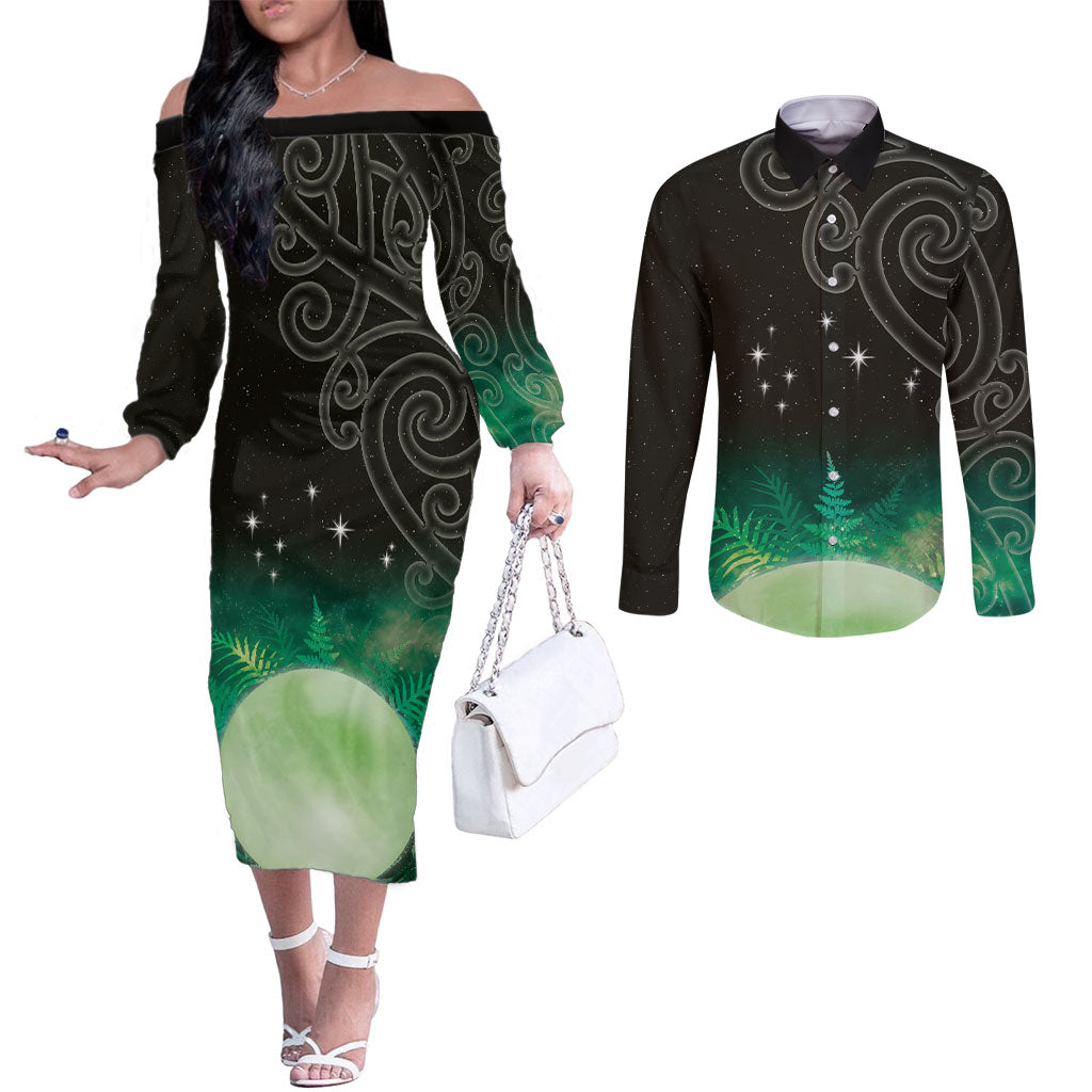 New Zealand Matariki Couples Matching Off The Shoulder Long Sleeve Dress and Long Sleeve Button Shirt Pleiades Star Cluster Green Galaxy LT05 Green - Polynesian Pride