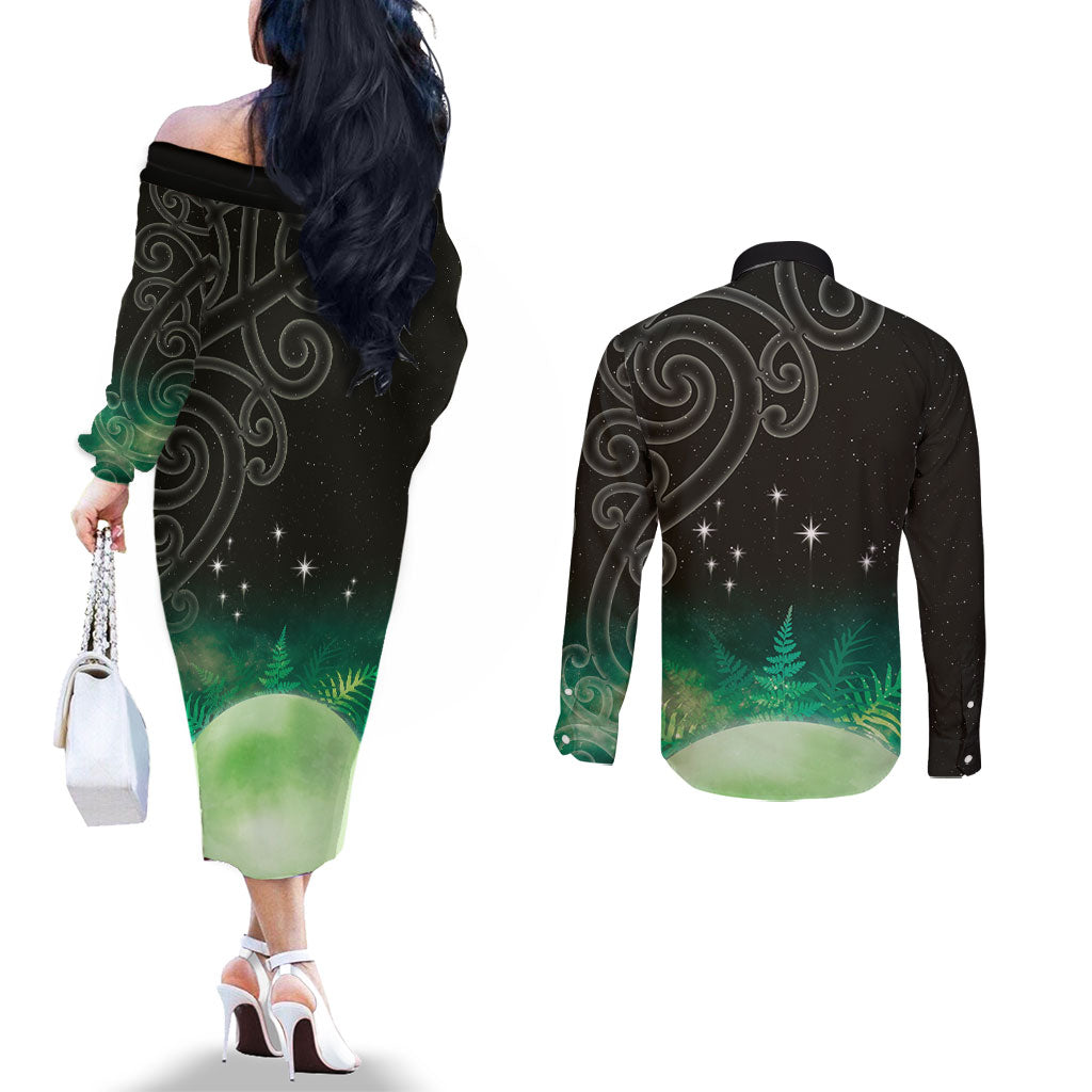 New Zealand Matariki Couples Matching Off The Shoulder Long Sleeve Dress and Long Sleeve Button Shirt Pleiades Star Cluster Green Galaxy LT05 - Polynesian Pride