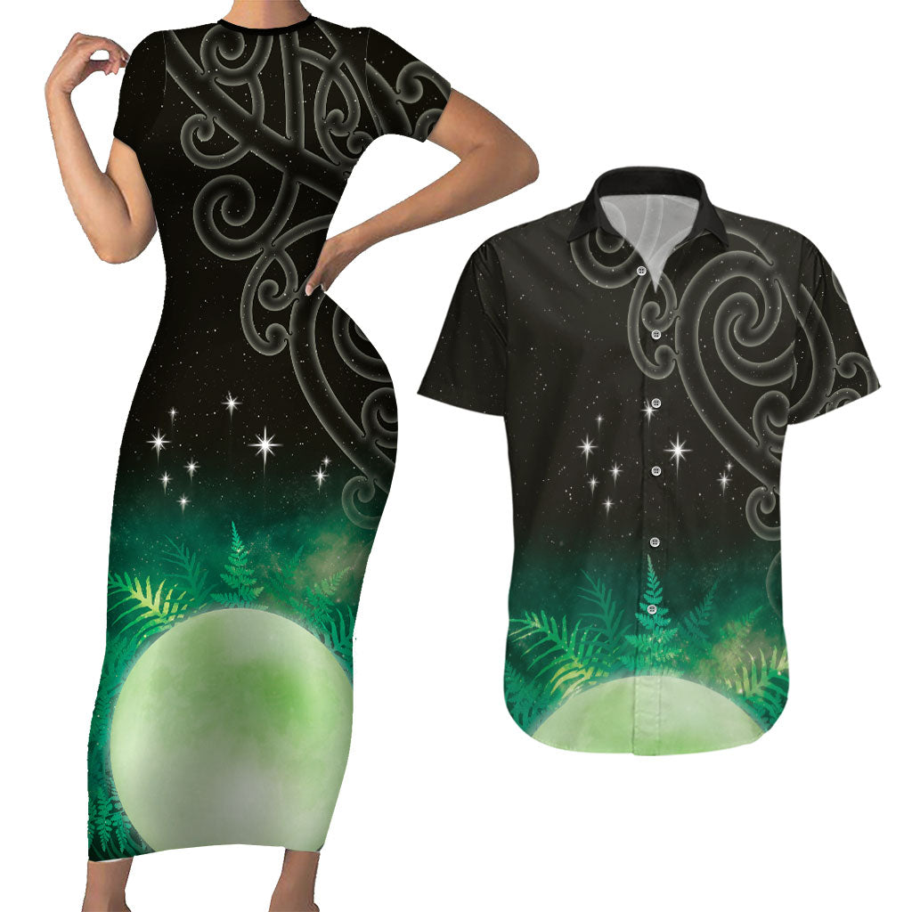 New Zealand Matariki Couples Matching Short Sleeve Bodycon Dress and Hawaiian Shirt Pleiades Star Cluster Green Galaxy LT05 Green - Polynesian Pride