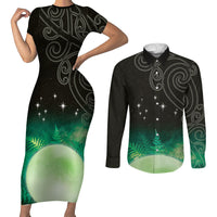 New Zealand Matariki Couples Matching Short Sleeve Bodycon Dress and Long Sleeve Button Shirt Pleiades Star Cluster Green Galaxy LT05 Green - Polynesian Pride