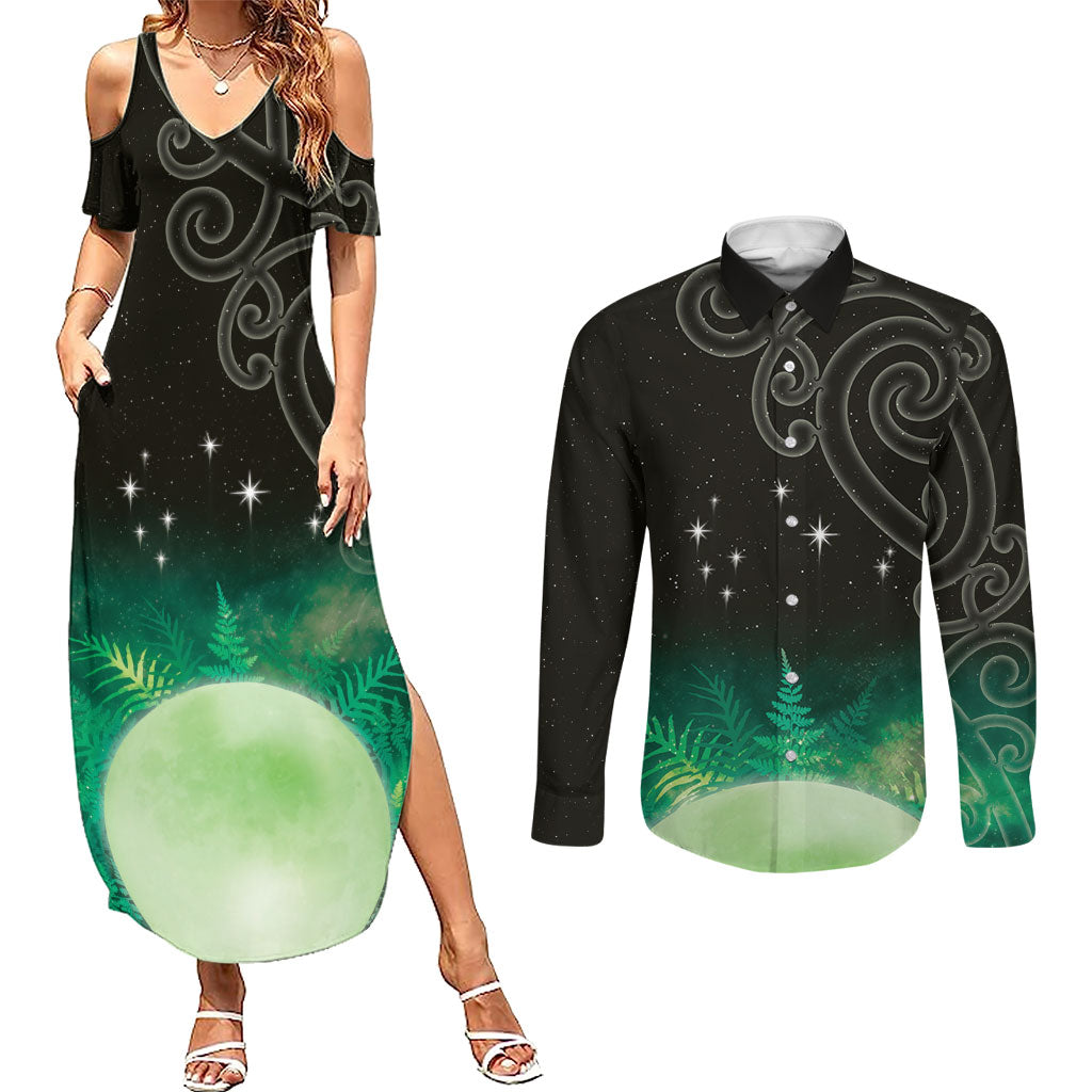 New Zealand Matariki Couples Matching Summer Maxi Dress and Long Sleeve Button Shirt Pleiades Star Cluster Green Galaxy
