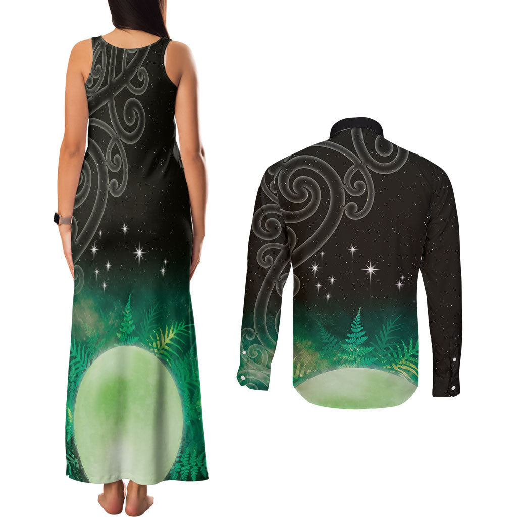 New Zealand Matariki Couples Matching Tank Maxi Dress and Long Sleeve Button Shirt Pleiades Star Cluster Green Galaxy LT05 - Polynesian Pride