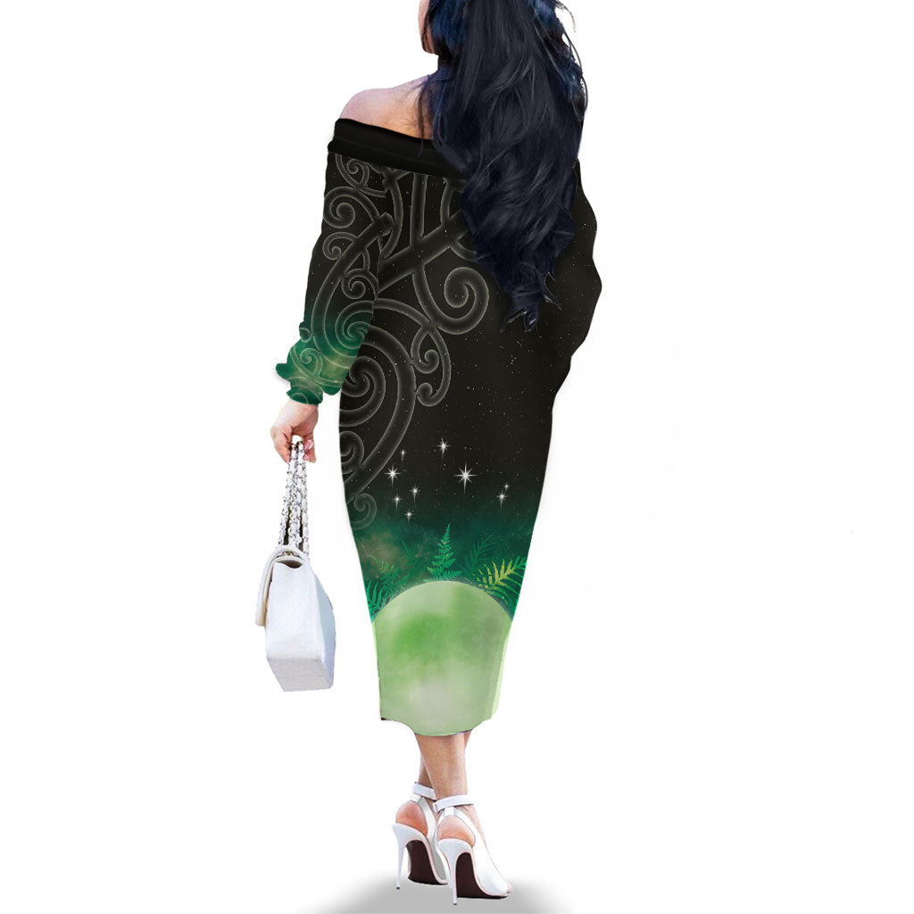 New Zealand Matariki Family Matching Off The Shoulder Long Sleeve Dress and Hawaiian Shirt Pleiades Star Cluster Green Galaxy LT05 - Polynesian Pride