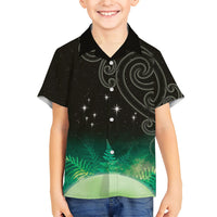 New Zealand Matariki Family Matching Off The Shoulder Long Sleeve Dress and Hawaiian Shirt Pleiades Star Cluster Green Galaxy LT05 Son's Shirt Green - Polynesian Pride