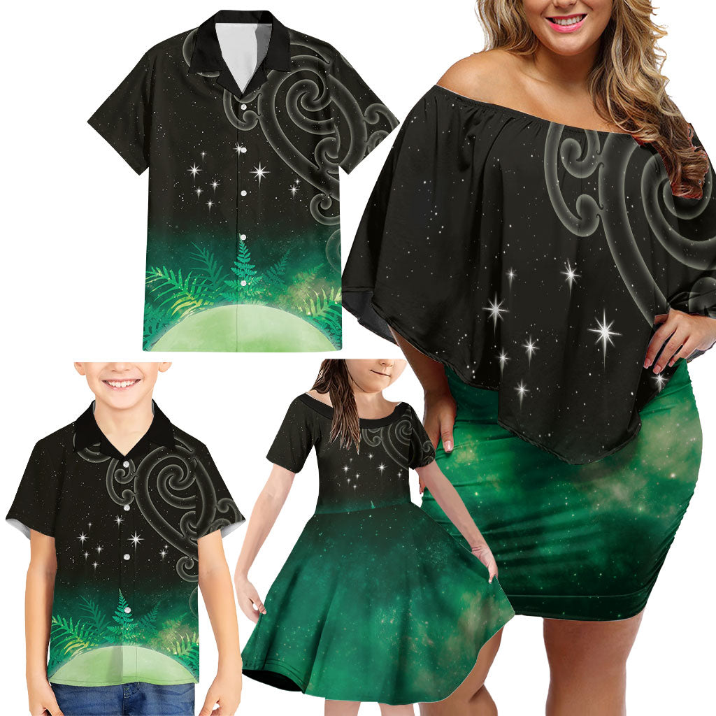 New Zealand Matariki Family Matching Off Shoulder Short Dress and Hawaiian Shirt Pleiades Star Cluster Green Galaxy