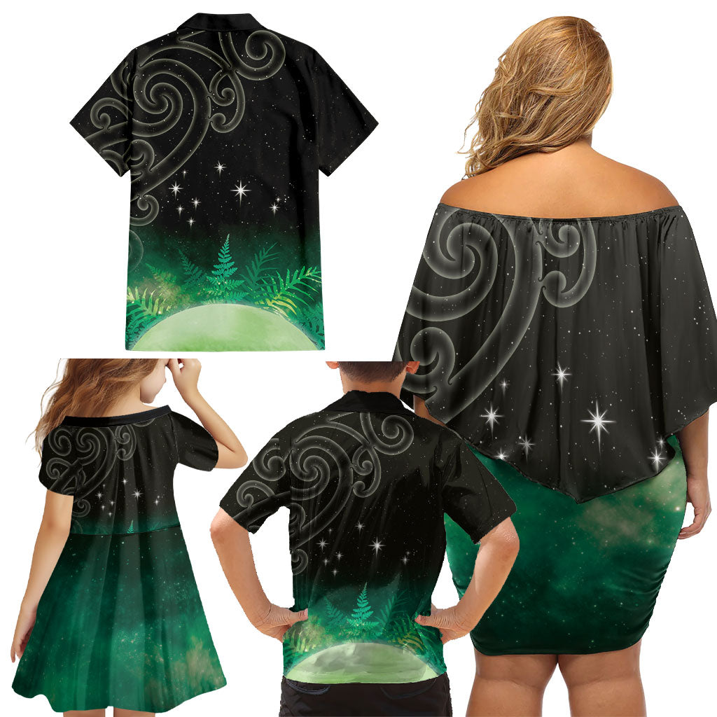 New Zealand Matariki Family Matching Off Shoulder Short Dress and Hawaiian Shirt Pleiades Star Cluster Green Galaxy LT05 - Polynesian Pride