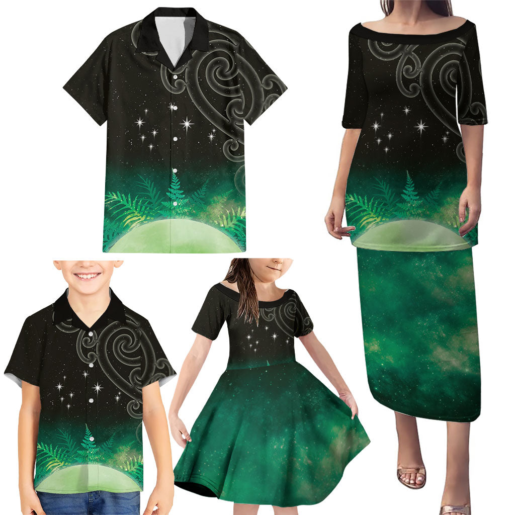 New Zealand Matariki Family Matching Puletasi and Hawaiian Shirt Pleiades Star Cluster Green Galaxy