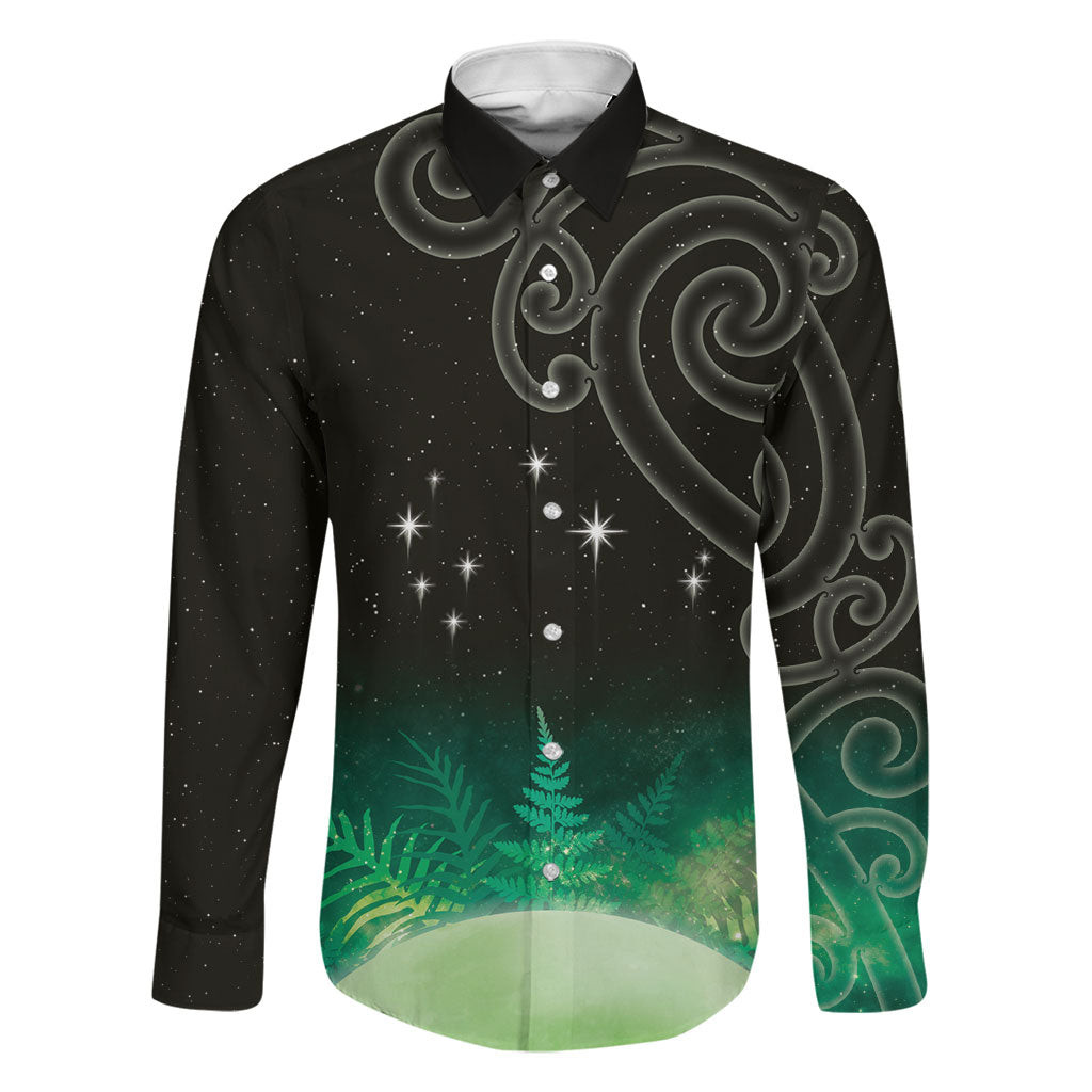 New Zealand Matariki Family Matching Tank Maxi Dress and Hawaiian Shirt Pleiades Star Cluster Green Galaxy LT05 Dad's Shirt - Long Sleeve Green - Polynesian Pride