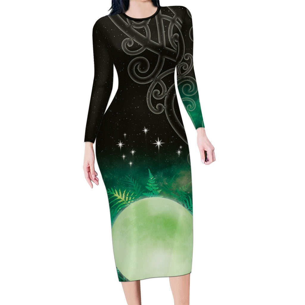 New Zealand Matariki Long Sleeve Bodycon Dress Pleiades Star Cluster Green Galaxy