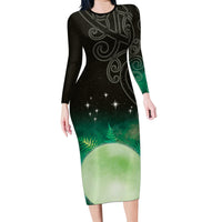 New Zealand Matariki Long Sleeve Bodycon Dress Pleiades Star Cluster Green Galaxy