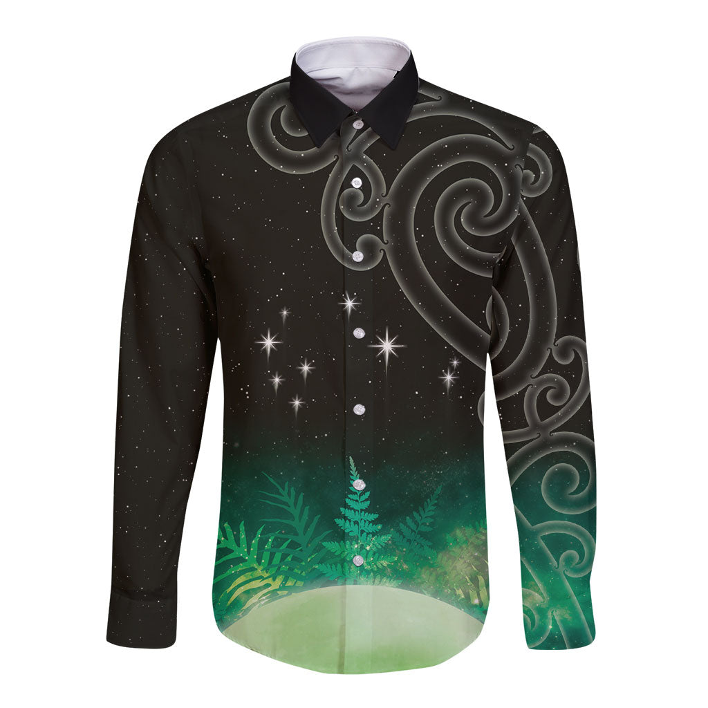 New Zealand Matariki Long Sleeve Button Shirt Pleiades Star Cluster Green Galaxy