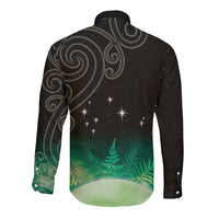 New Zealand Matariki Long Sleeve Button Shirt Pleiades Star Cluster Green Galaxy
