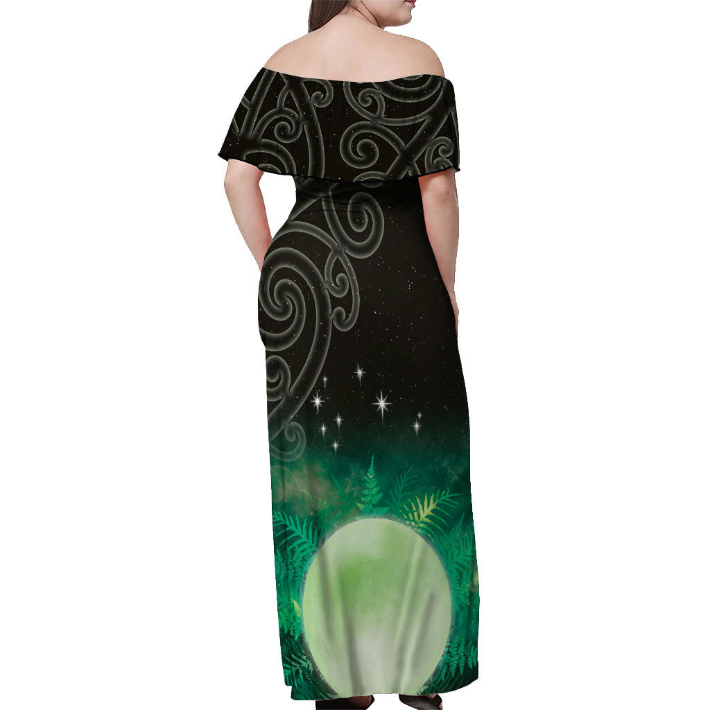 New Zealand Matariki Off Shoulder Maxi Dress Pleiades Star Cluster Green Galaxy