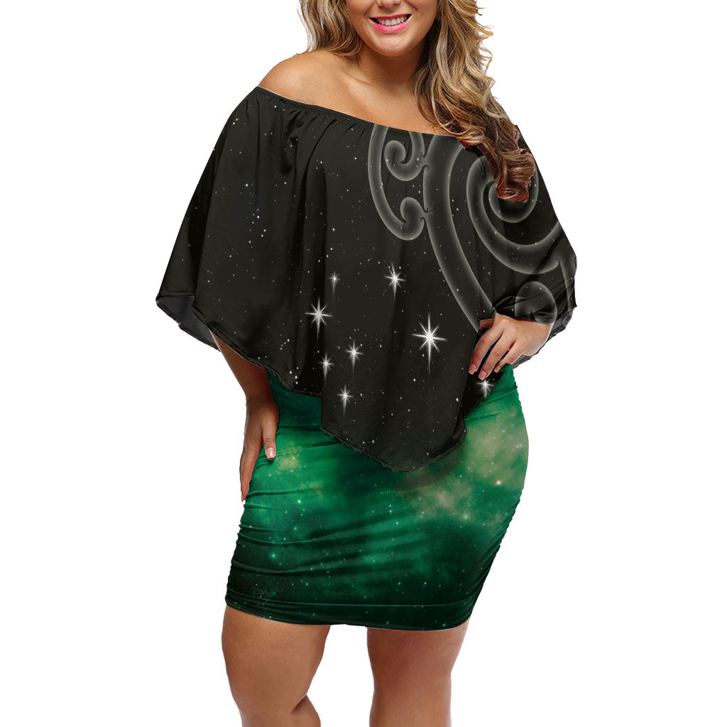 New Zealand Matariki Off Shoulder Short Dress Pleiades Star Cluster Green Galaxy