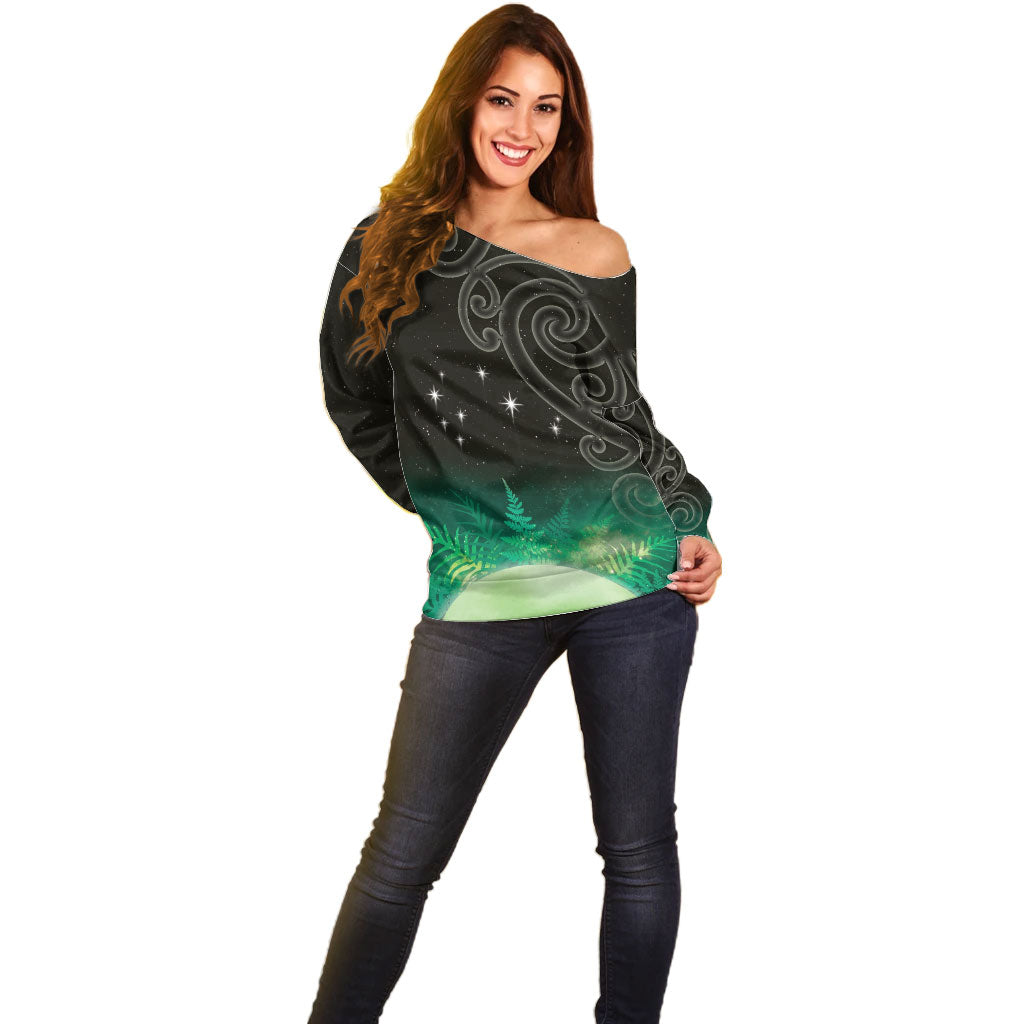 New Zealand Matariki Off Shoulder Sweater Pleiades Star Cluster Green Galaxy