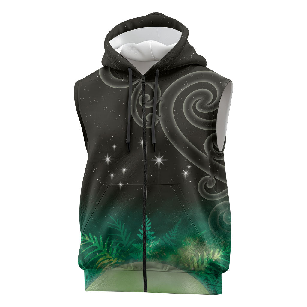 New Zealand Matariki Sleeveless Zip Hoodie Pleiades Star Cluster Green Galaxy