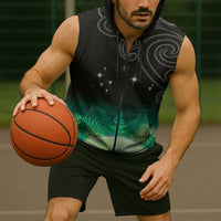 New Zealand Matariki Sleeveless Zip Hoodie Pleiades Star Cluster Green Galaxy