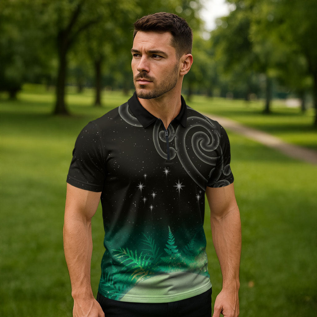 New Zealand Matariki Zipper Polo Shirt Pleiades Star Cluster Green Galaxy