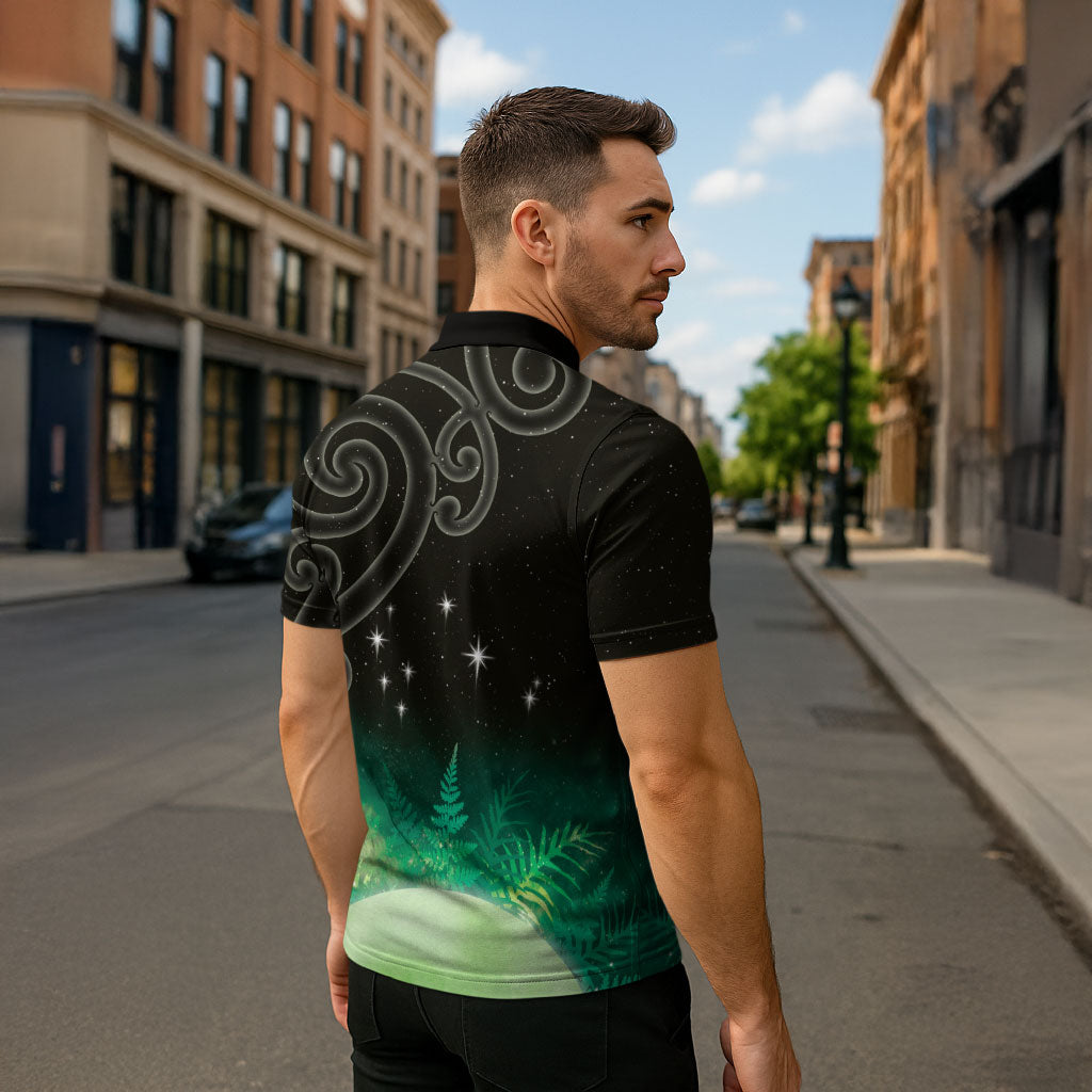 New Zealand Matariki Zipper Polo Shirt Pleiades Star Cluster Green Galaxy
