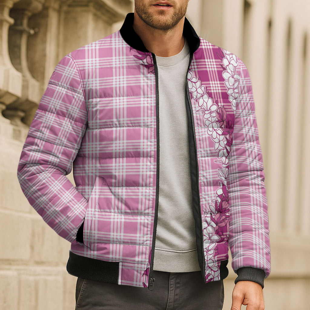 Pink Hawaii Palaka Bomber Puffer Jacket Hawaiian Honohono Lei
