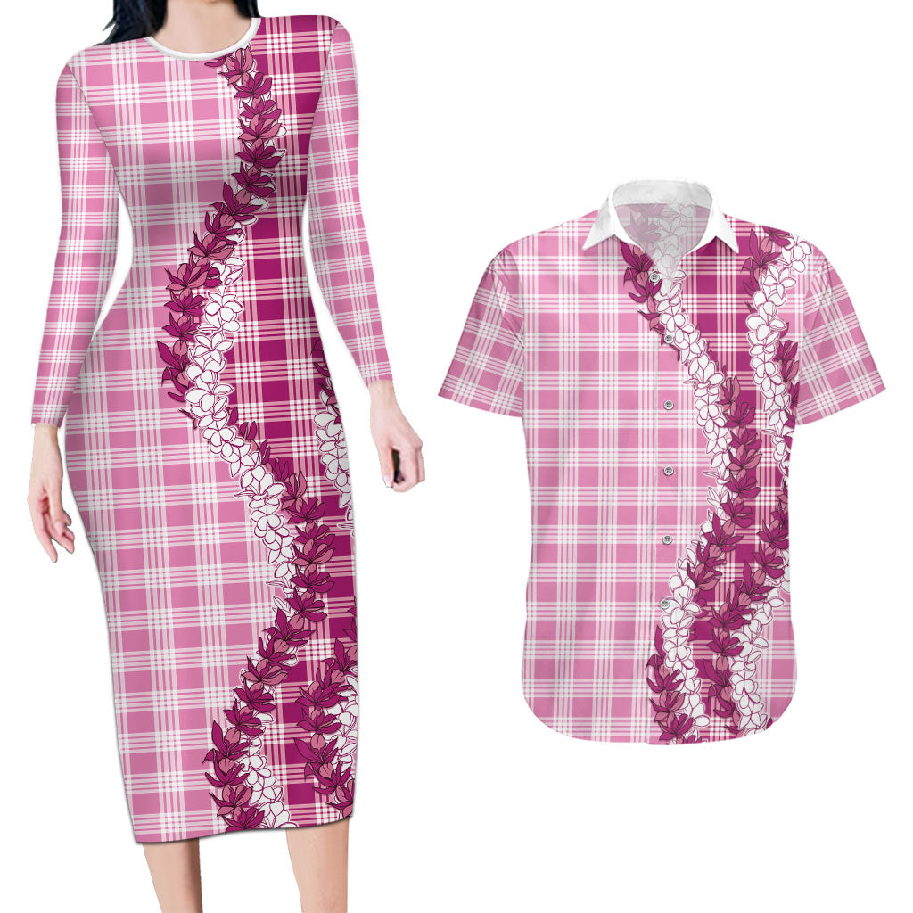 Pink Hawaii Palaka Couples Matching Long Sleeve Bodycon Dress and Hawaiian Shirt Hawaiian Honohono Lei