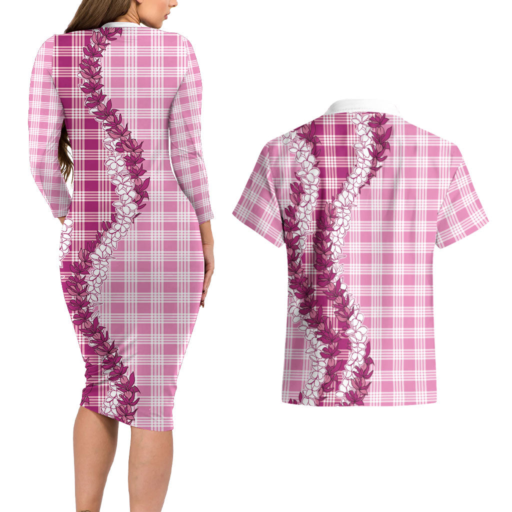 Pink Hawaii Palaka Couples Matching Long Sleeve Bodycon Dress and Hawaiian Shirt Hawaiian Honohono Lei LT05 - Polynesian Pride