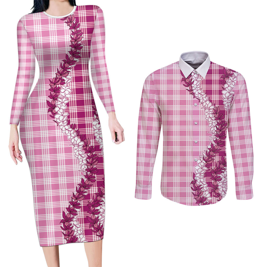 Pink Hawaii Palaka Couples Matching Long Sleeve Bodycon Dress and Long Sleeve Button Shirt Hawaiian Honohono Lei LT05 Pink - Polynesian Pride