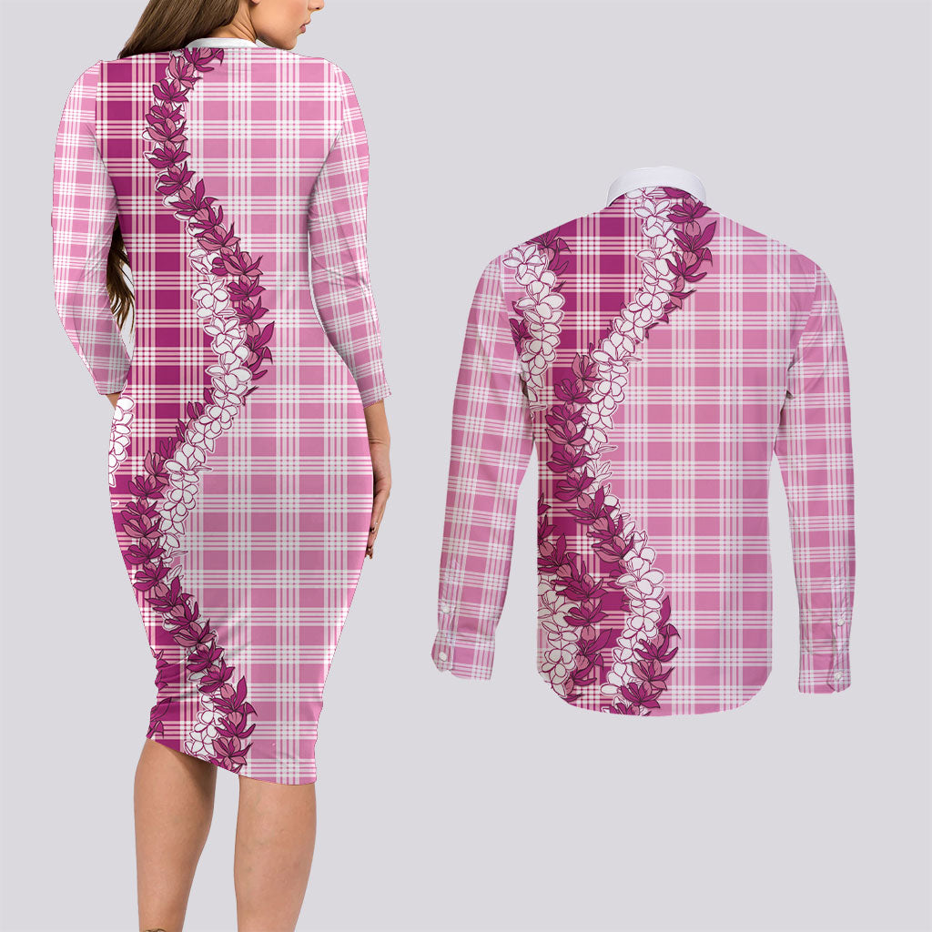 Pink Hawaii Palaka Couples Matching Long Sleeve Bodycon Dress and Long Sleeve Button Shirt Hawaiian Honohono Lei LT05 - Polynesian Pride