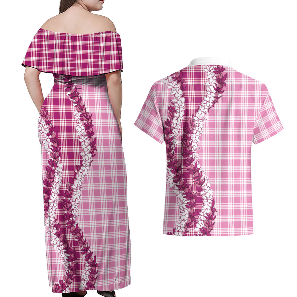 Pink Hawaii Palaka Couples Matching Off Shoulder Maxi Dress and Hawaiian Shirt Hawaiian Honohono Lei LT05 - Polynesian Pride