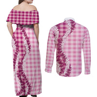 Pink Hawaii Palaka Couples Matching Off Shoulder Maxi Dress and Long Sleeve Button Shirt Hawaiian Honohono Lei
