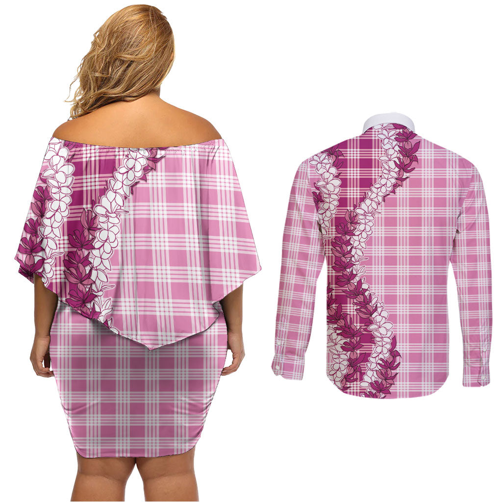 Pink Hawaii Palaka Couples Matching Off Shoulder Short Dress and Long Sleeve Button Shirt Hawaiian Honohono Lei
