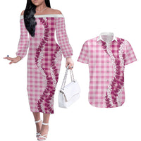 Pink Hawaii Palaka Couples Matching Off The Shoulder Long Sleeve Dress and Hawaiian Shirt Hawaiian Honohono Lei LT05 Pink - Polynesian Pride