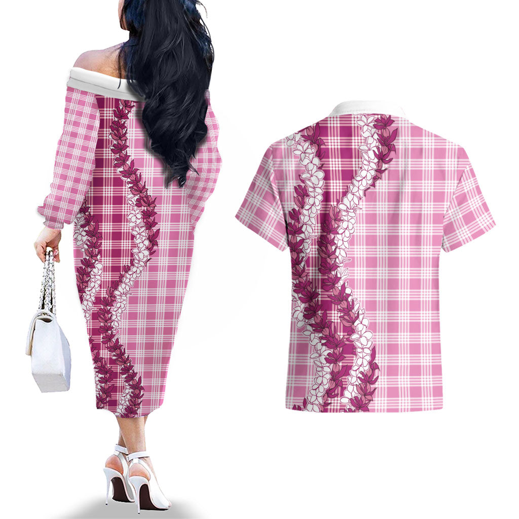 Pink Hawaii Palaka Couples Matching Off The Shoulder Long Sleeve Dress and Hawaiian Shirt Hawaiian Honohono Lei LT05 - Polynesian Pride