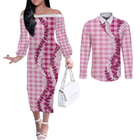 Pink Hawaii Palaka Couples Matching Off The Shoulder Long Sleeve Dress and Long Sleeve Button Shirt Hawaiian Honohono Lei LT05 Pink - Polynesian Pride