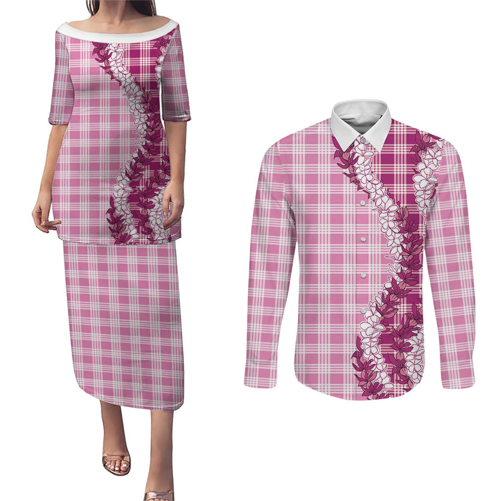 Pink Hawaii Palaka Couples Matching Puletasi and Long Sleeve Button Shirt Hawaiian Honohono Lei